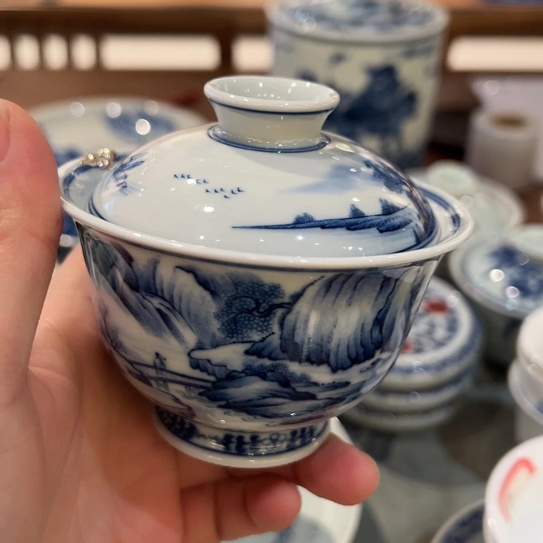 何**意钟家窑柴窑山水盖碗孤品