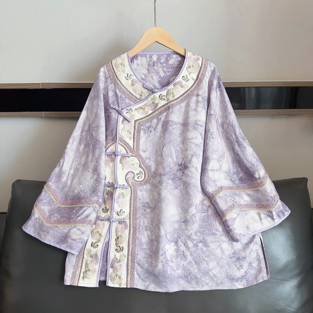 【紫菡】2025春夏季新款宽松薄款上衣新中式国风圆领绣花女装外套