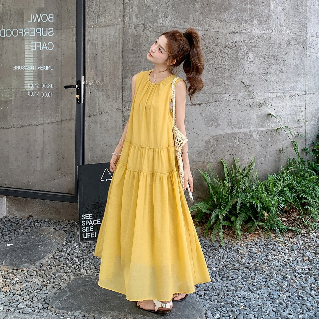 黄色无袖连衣裙女夏季2025新款法式温柔风独特漂亮洋气减龄背心裙