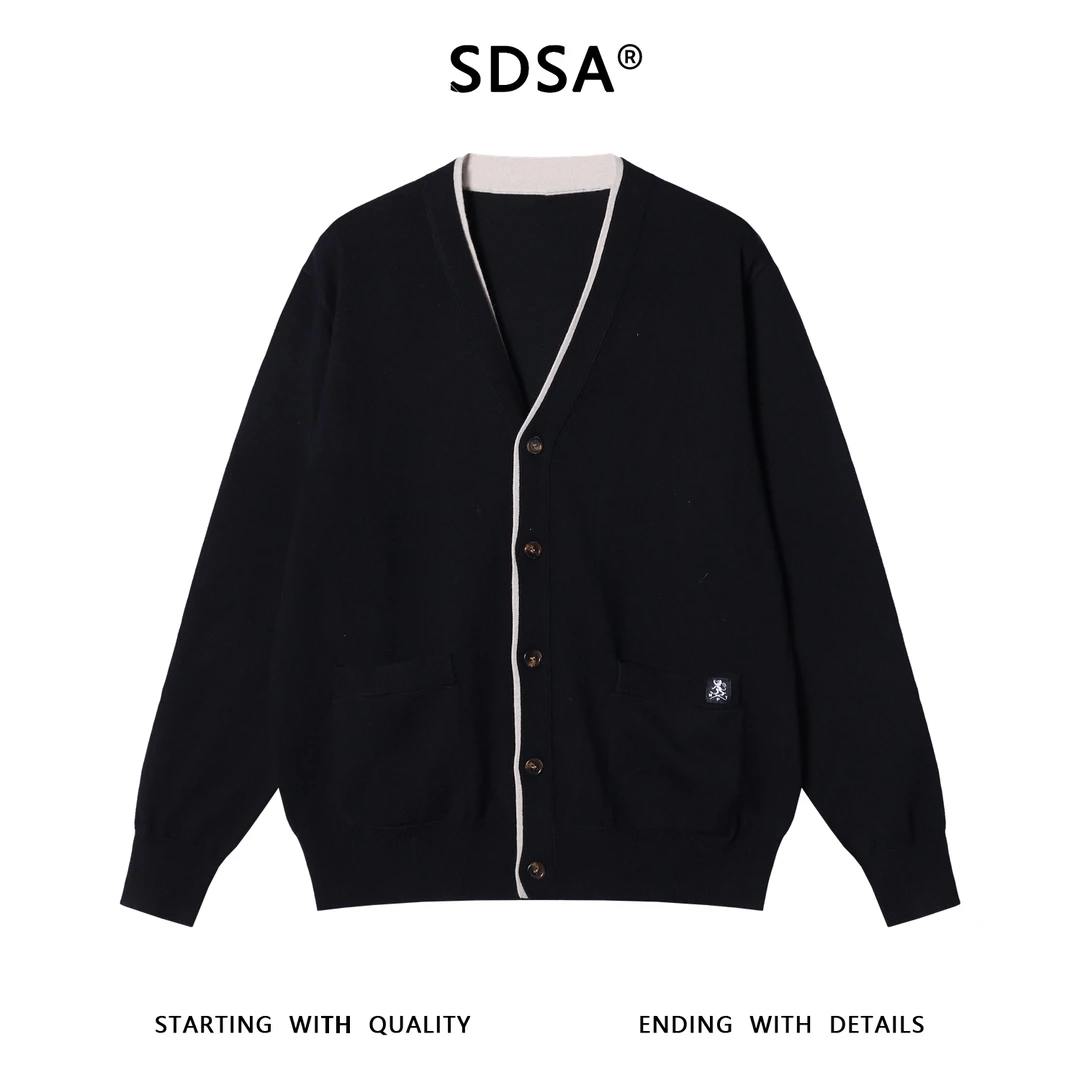 SDSA秋冬新款痞帅男装韩版简约撞色纽扣开衫V领假两件针织衫毛衣