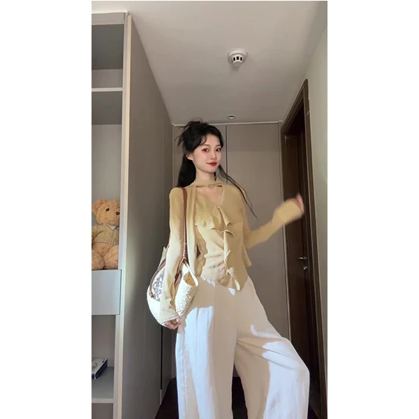 2025春秋新款侘寂风荷叶边薄款针织衫女夏防晒上衣裤子两件套装女