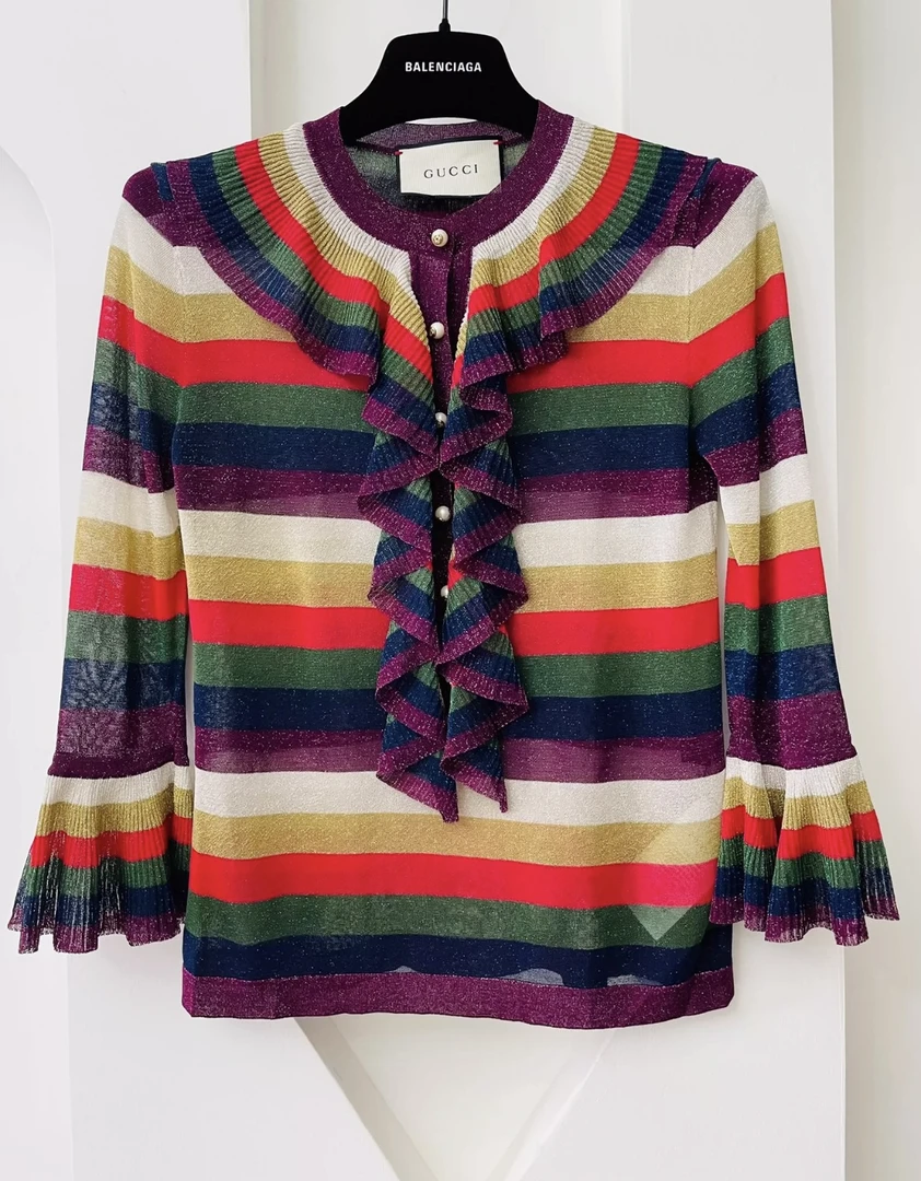 99新 GUCCI/古驰 GUCCI古驰彩虹条纹荷叶领上衣xs码/E50156