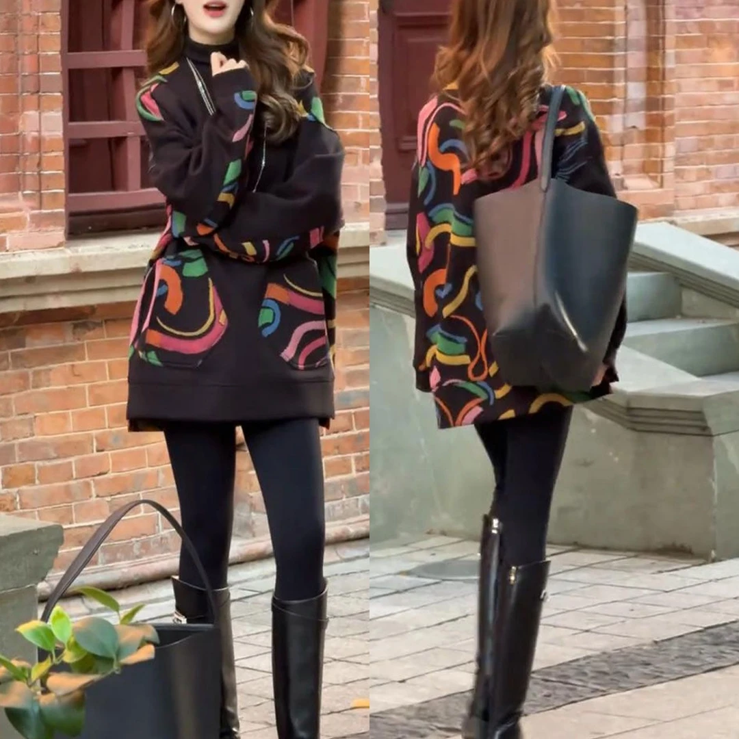 2025秋冬新款气质时尚百搭小众中长款后背印花减龄显瘦卫衣上衣潮