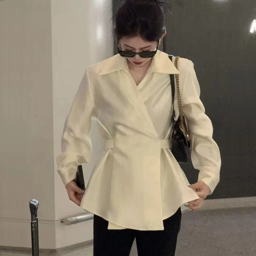 女士设计感领交叉系带长袖衬衫春季新款气质时尚显瘦百搭2665