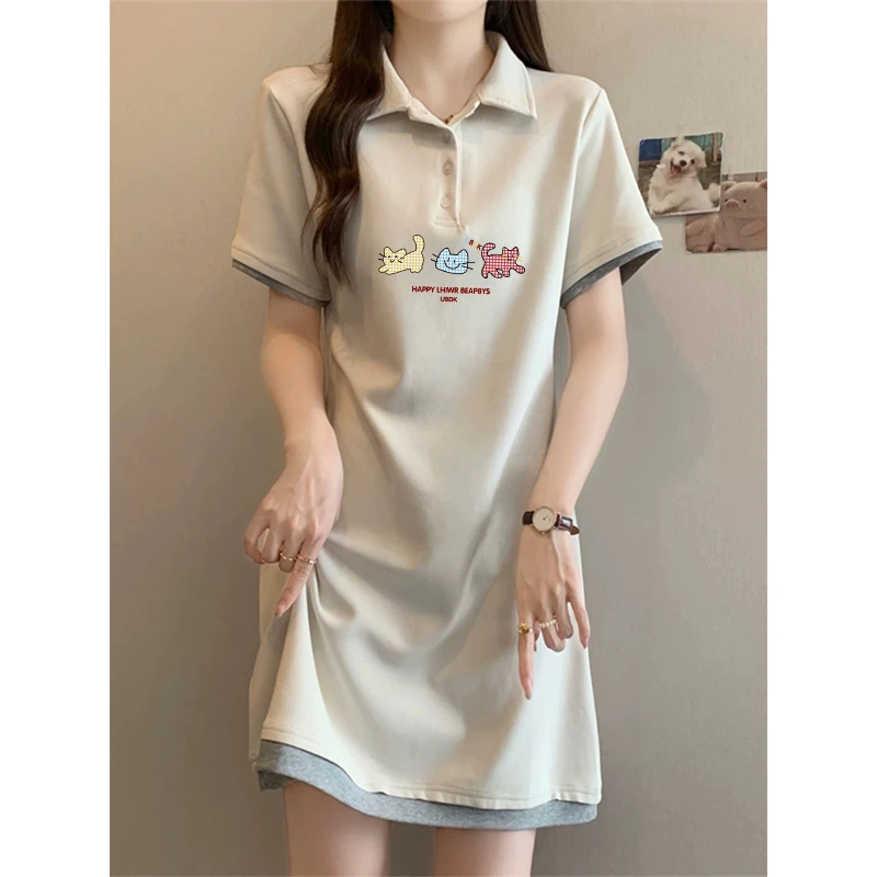2025夏季大码Polo领短袖t恤裙子女学院风显瘦遮肚休闲直筒连衣裙