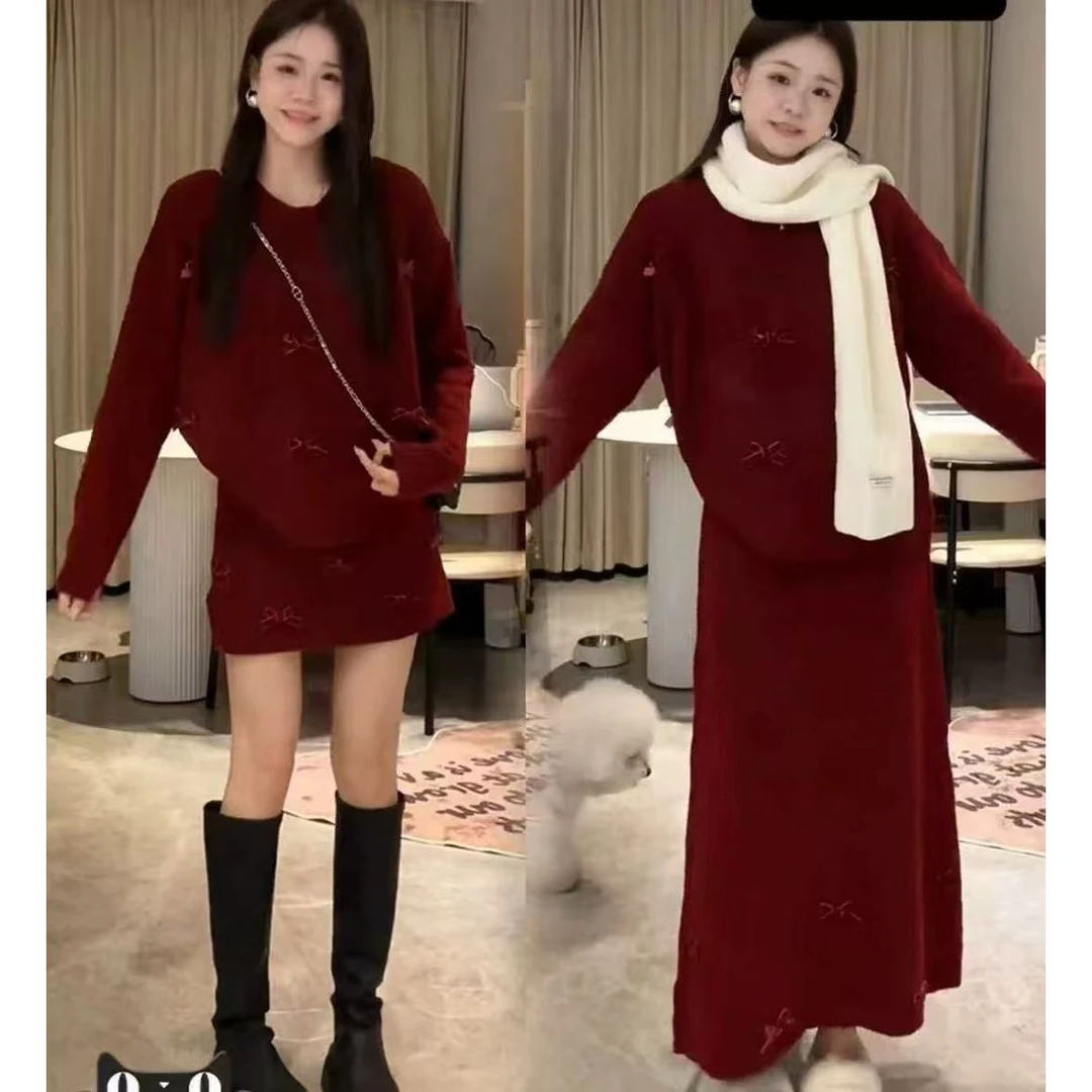 【三三推荐】大码超火漂亮冬装一整套圣诞节红色蝴蝶结毛衣半身裙