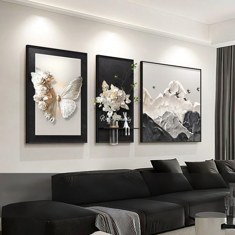 现代简约客厅装饰画沙发背景墙画背有靠山轻奢壁画蝴蝶三联挂画