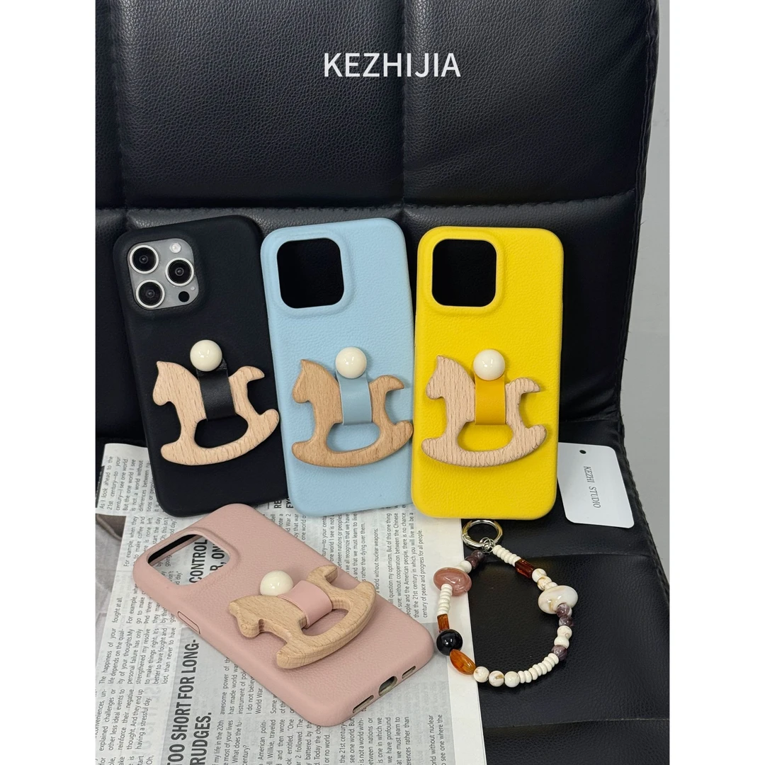 【壳之】高级荔枝皮木马支架适用苹果16/15/14Promax/13个性手机壳