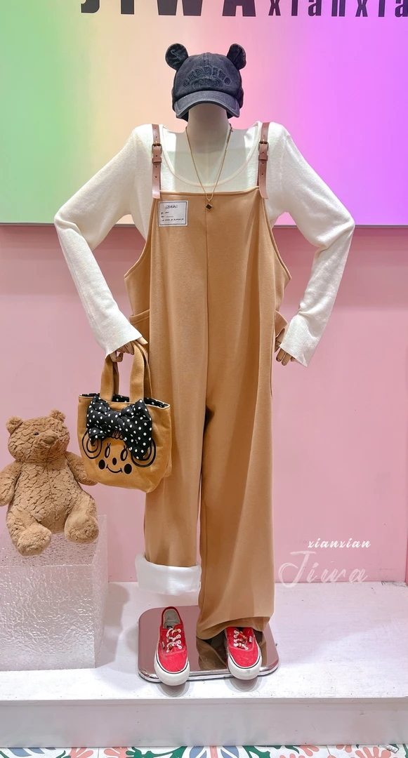 【纯熙+】29283秋冬新款加绒背带裤直筒休闲裤女韩版宽松显瘦