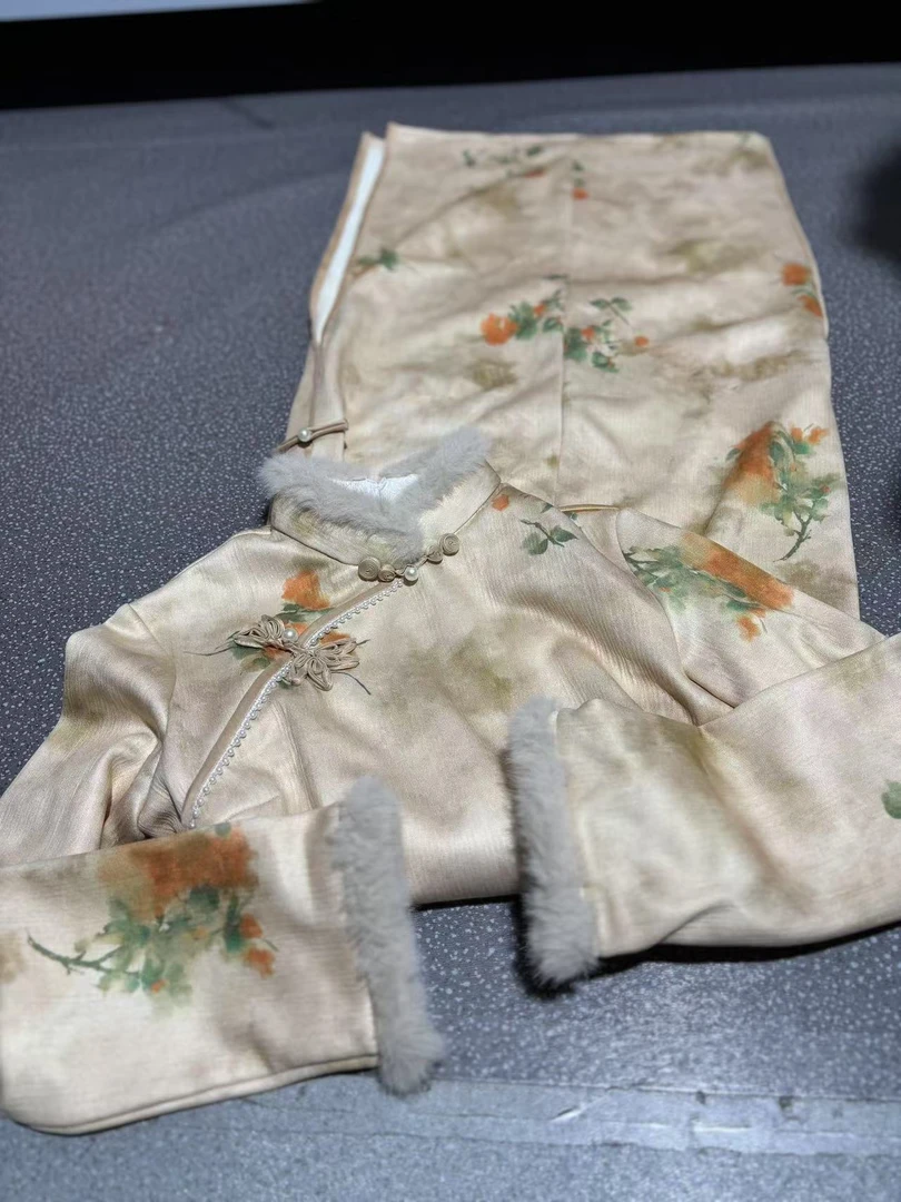 0129 复古黄  葫芦扣 钉珠 花扣 旗袍