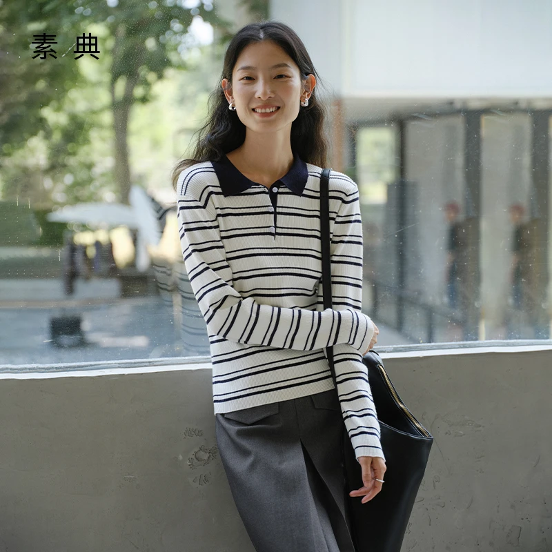 素典【独白】韩系撞色条纹polo领针织衫女早秋显瘦通勤长袖上衣4536