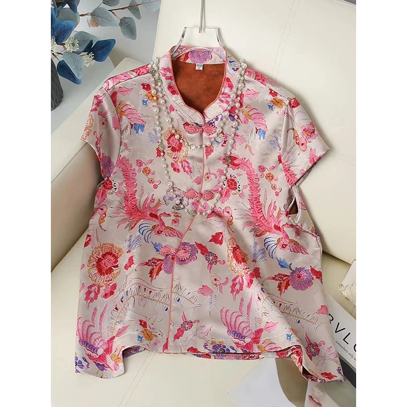 J048【清】新中式衬衫短袖女装夏季新款立领盘扣小衫斜襟国风上衣