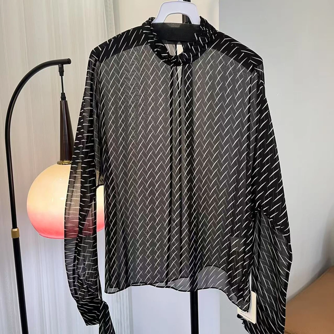 网纱黑色轻薄常规宽松型秋季衬衫衬衣潮流百搭 HC019