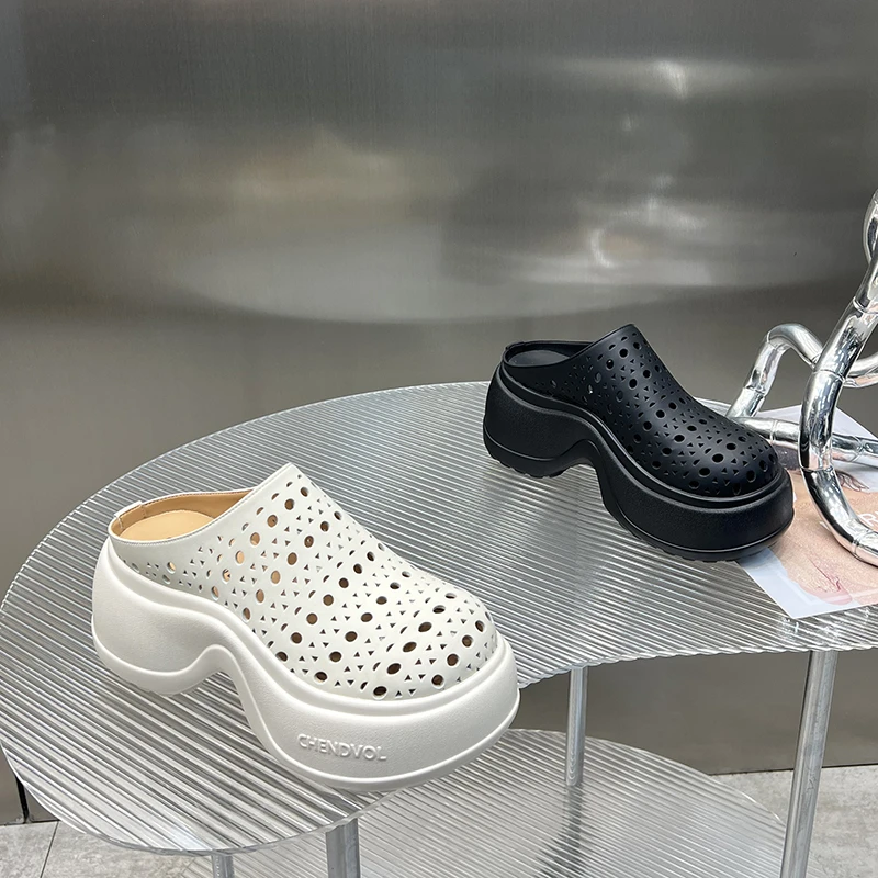 镂空包头半拖鞋女2025年夏季新款厚底休闲小个子外穿凉拖G8988-11