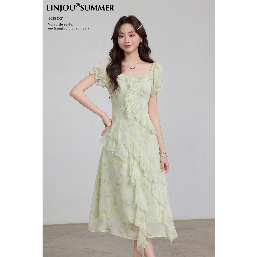玲玖超仙独特漂亮初夏穿搭高腰A字显瘦收腰法式碎花连衣裙子女夏