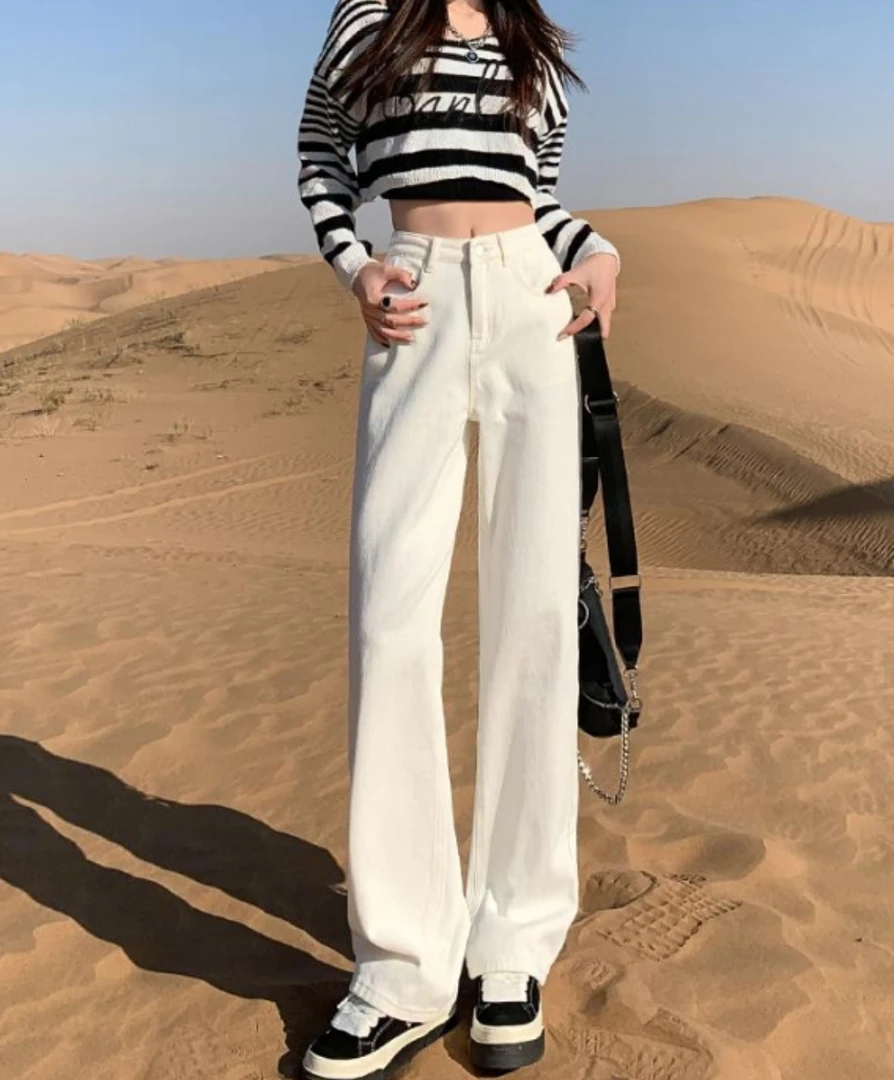 专尤莱特窄版阔腿百搭白色牛仔裤新款女夏季高腰小个子宽松直筒裤