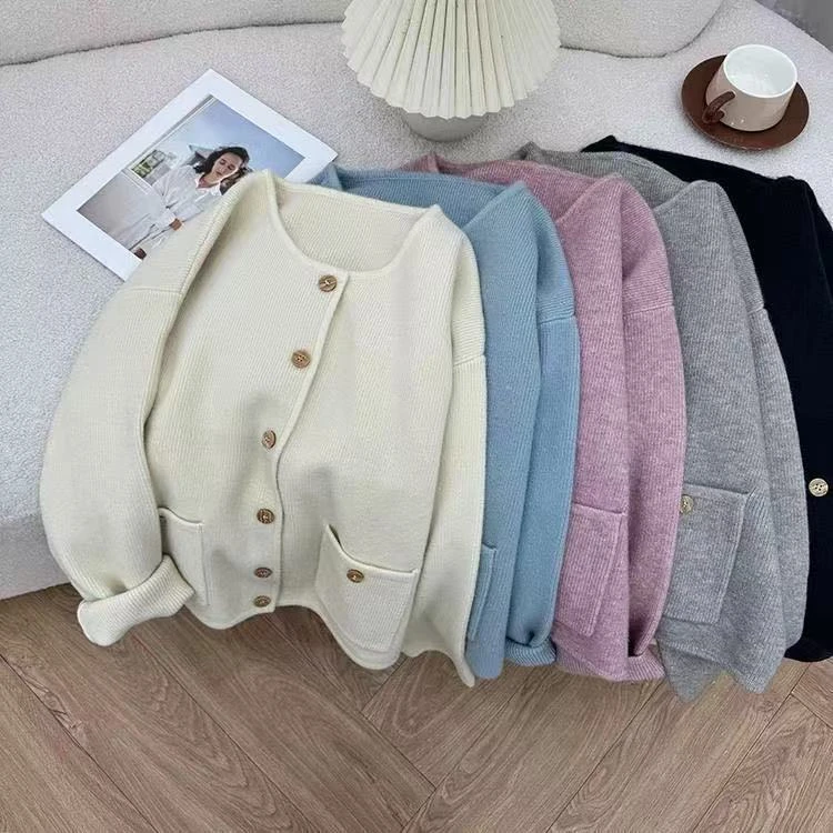 大码女装初春季新款针织开衫女韩系圆领宽松显瘦洋气百搭毛衣外套