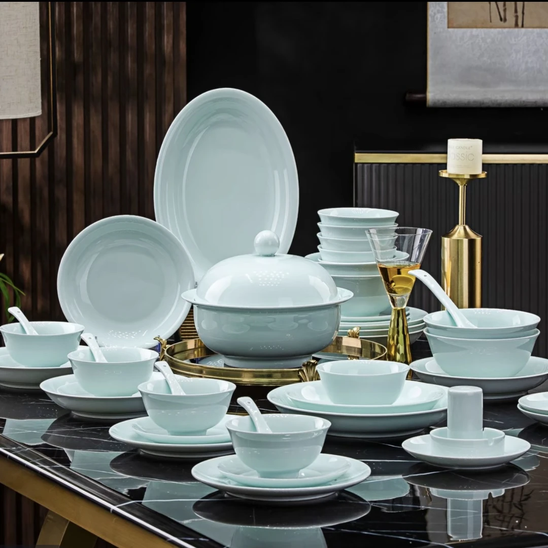 【青白釉】官方正品景德镇高白泥影青瓷碗盘碟餐具套装家用餐具送礼
