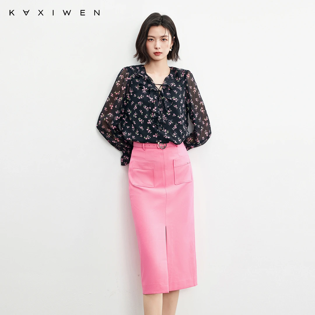 佧茜文法式优雅V领上衣【春秋】甜美木耳边系带碎花衬衫X01AXN1186