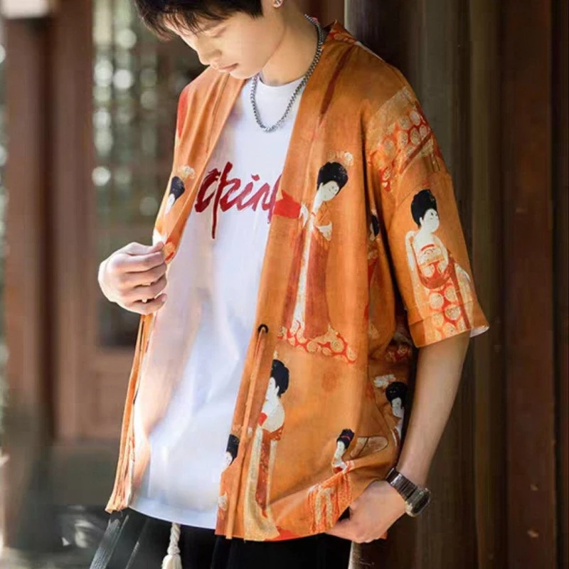 25C11B5夏季冰丝速干唐装汉服外搭新中式宽松复古薄款仕女图开衫