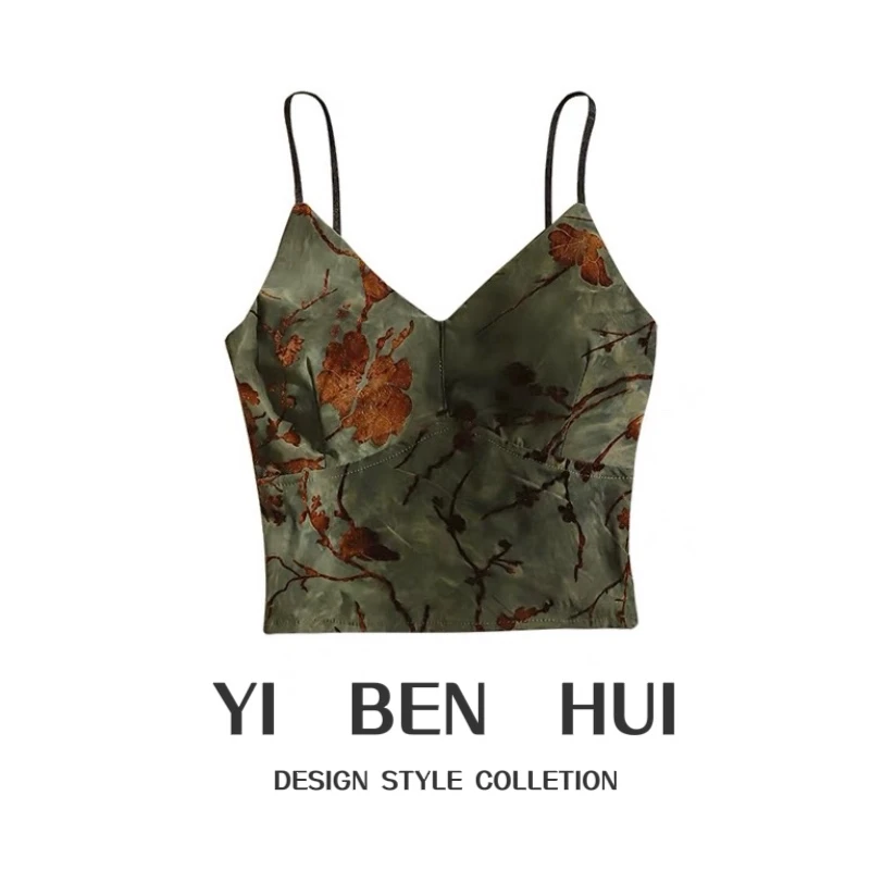 法式印花V领吊带背心女内搭打底外穿带胸垫辣妹抹胸上衣夏季性感