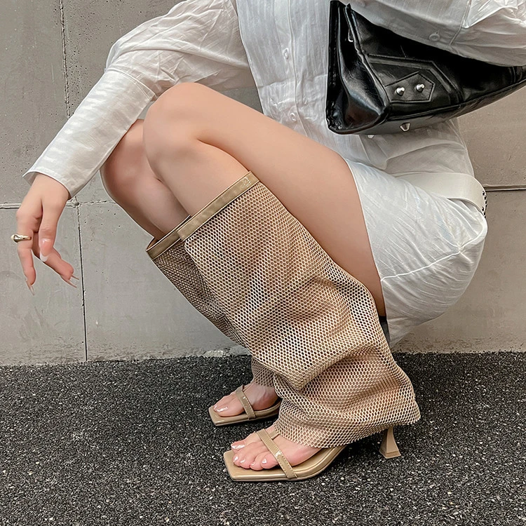 左樱先生春夏新款欧美风网纱高筒靴~方头露趾细高跟欧美风凉靴