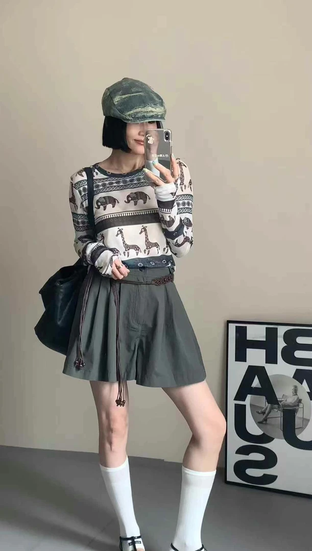 25122夏新款小众设计复古港风时髦腰带拼接个性短裤休闲裤