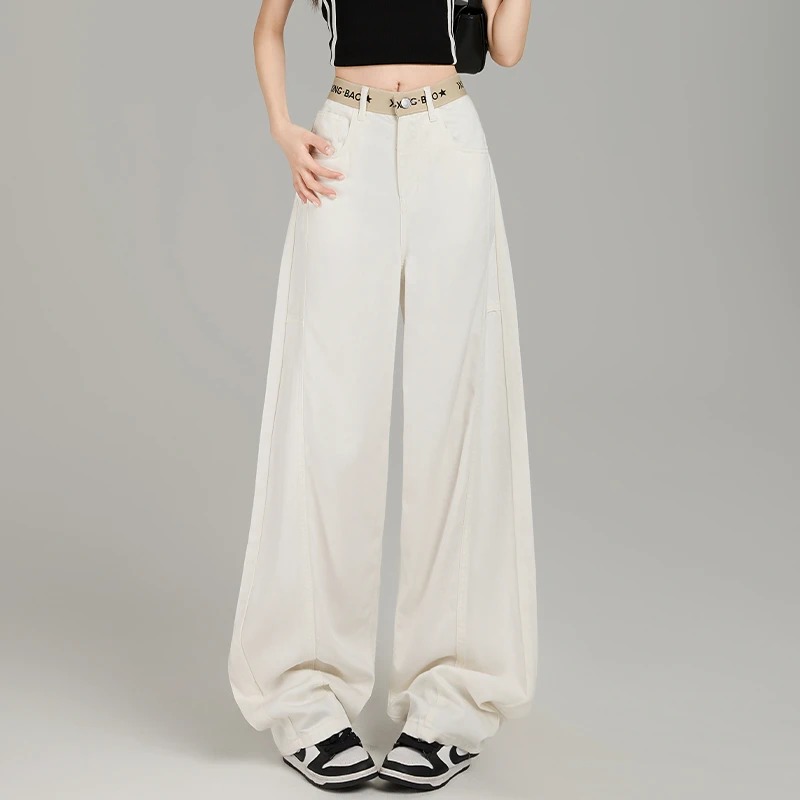 2331月光白色拼接腰牛仔裤裤子女2025爆款时尚百搭高腰宽松显瘦阔