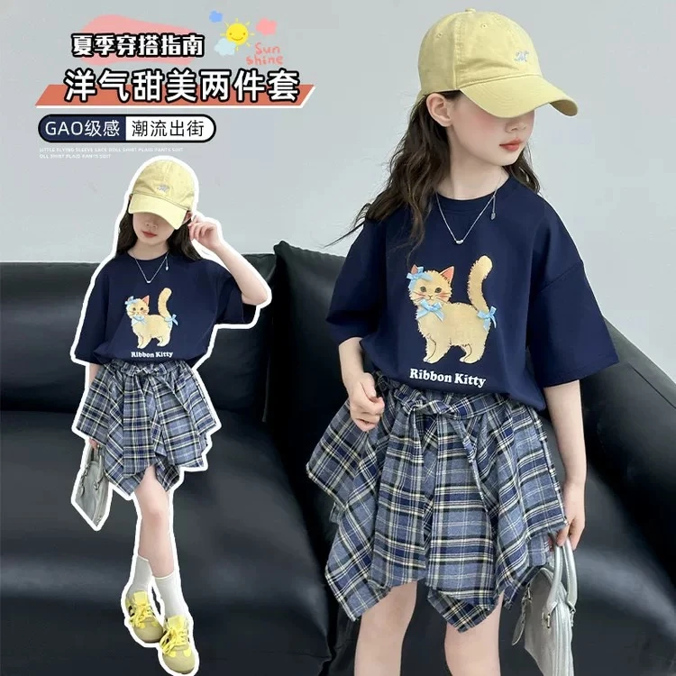 女大童猫咪短袖T恤套装2025夏季新款洋气女孩休闲格子裙裤两件套