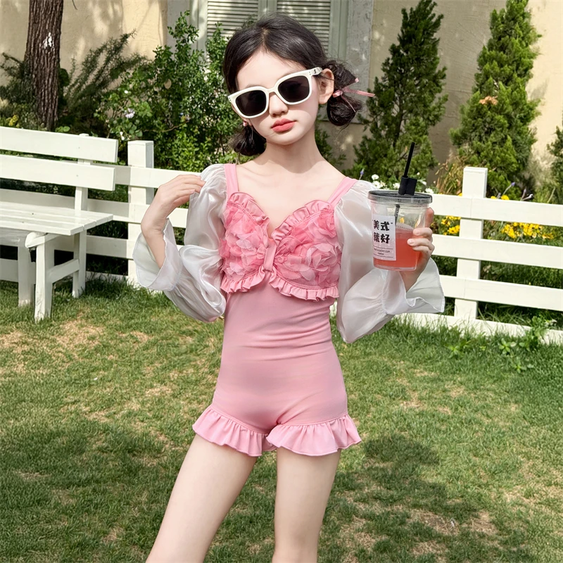 女童泳衣2025新款儿童连体泳装女孩中大童夏季时尚长袖防晒游泳衣