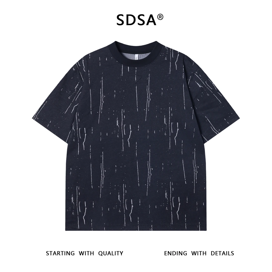 夏季高级感新款男士美式磨破倒三角圆领短袖T恤宽松潮流宽松上衣