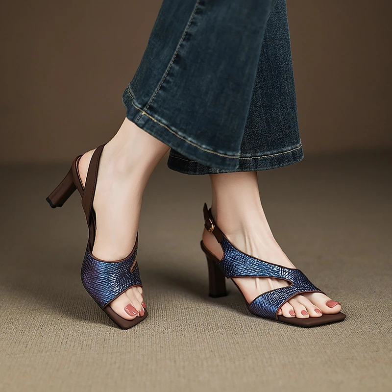 高端贵气~时尚气质夏季配裙子一字扣时装凉鞋女小个子真皮高跟鞋