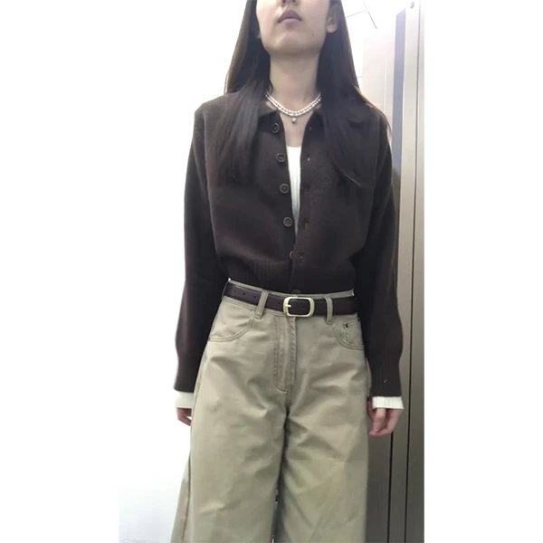 美拉德娃娃领棕色针织开衫女秋季纯色百搭外套美式上衣裤子套装