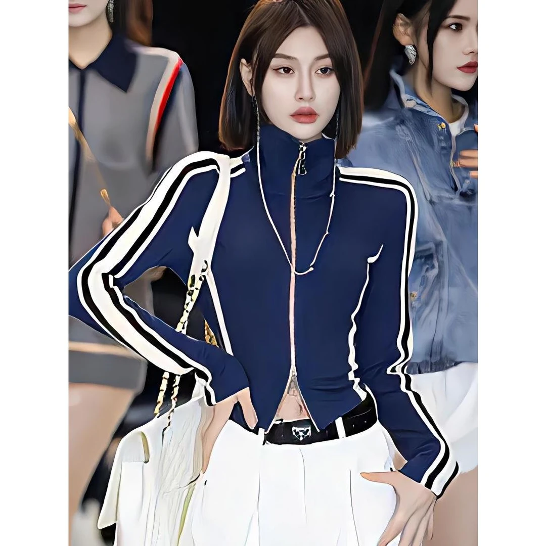 欧洲站运动修身条纹拉链长袖外套女春季拼色时尚气质复古慵懒上衣