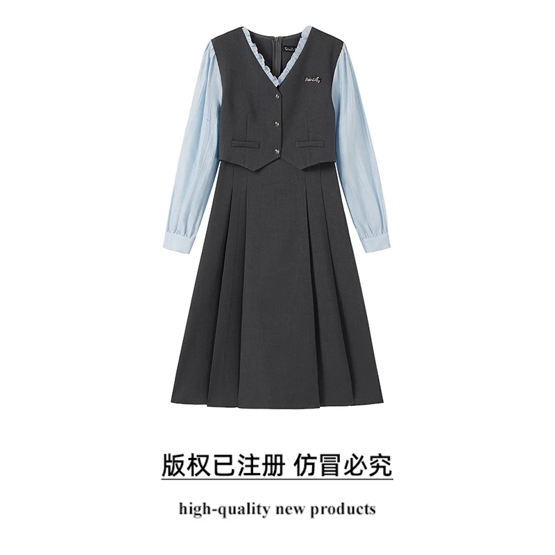 【奢姿】2025年春季新款大码女装假两件温柔甜美胖妹妹V领连衣裙