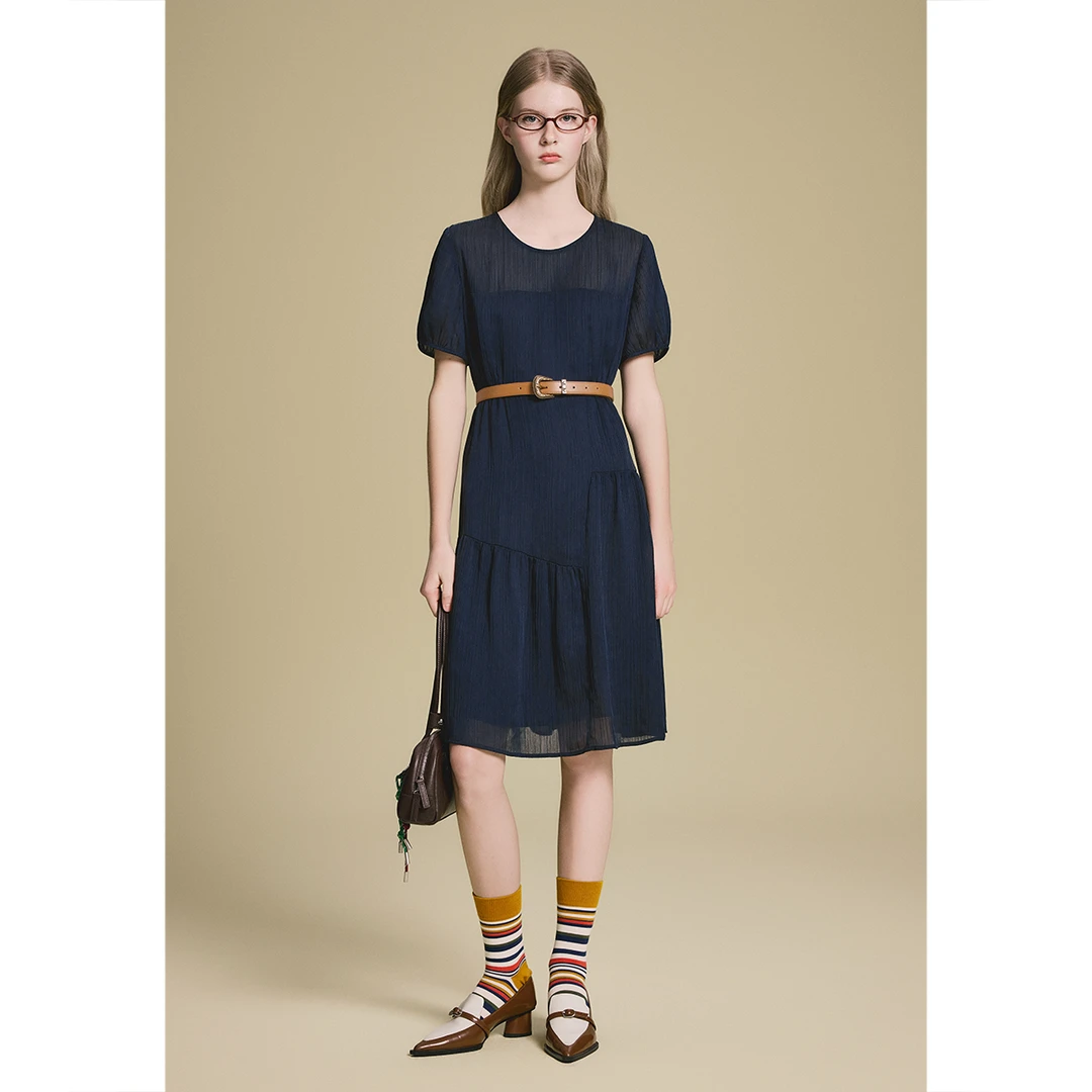 诗篇2025显瘦气质法式收腰泡泡袖拼接新款连衣裙6C65205553