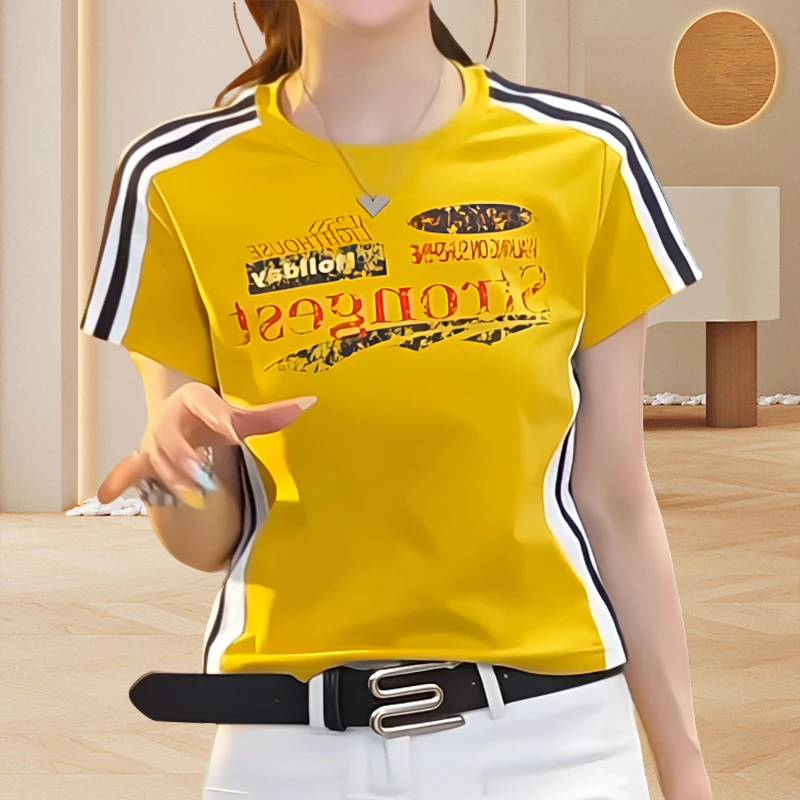 时尚字母印花条纹t恤女款2025夏季新款正肩休闲短袖圆领纯棉上衣