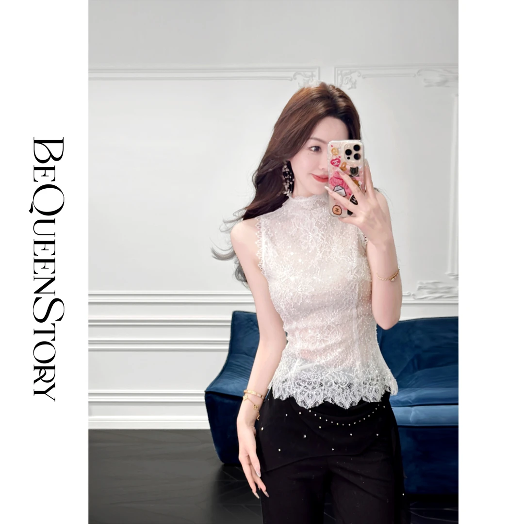 余潇潇【香榭华章】轻奢重工刺绣亮片蕾丝立领背心2025春装新款