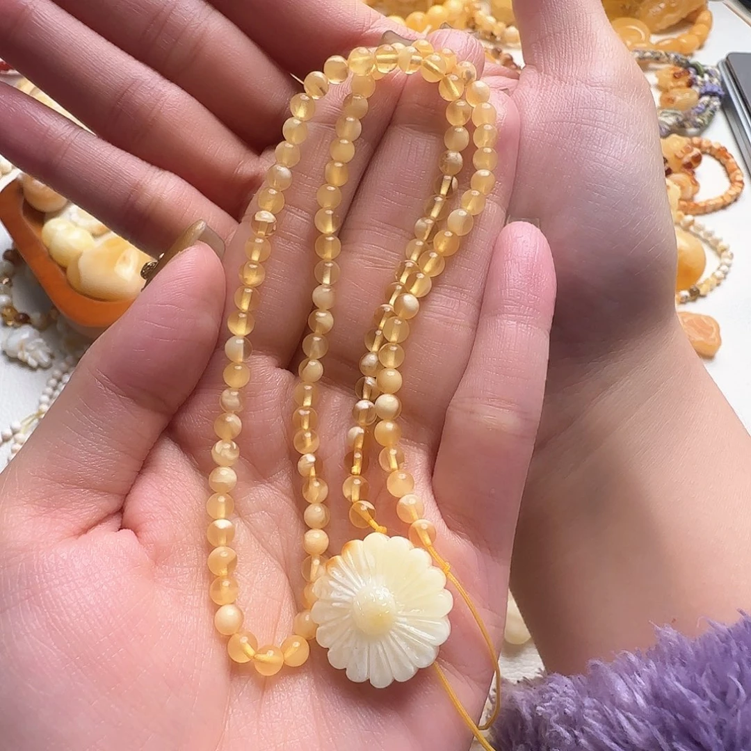 琥珀裸石未镶嵌林*白花蜡向日葵项链