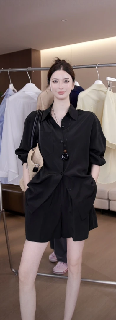 夏季穿搭休闲长袖百搭衬衣上衣白色宽松慵懒polo领衬衫防晒套装