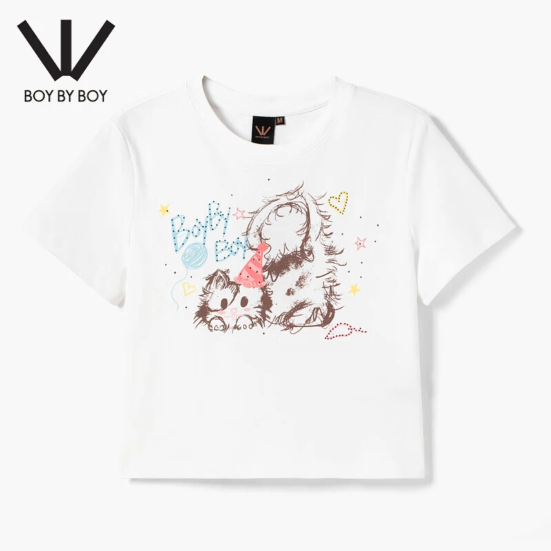 【可可小猫】BOY BY BOY 25新款闪钻猫咪涂鸦印花潮牌短袖T恤W01081