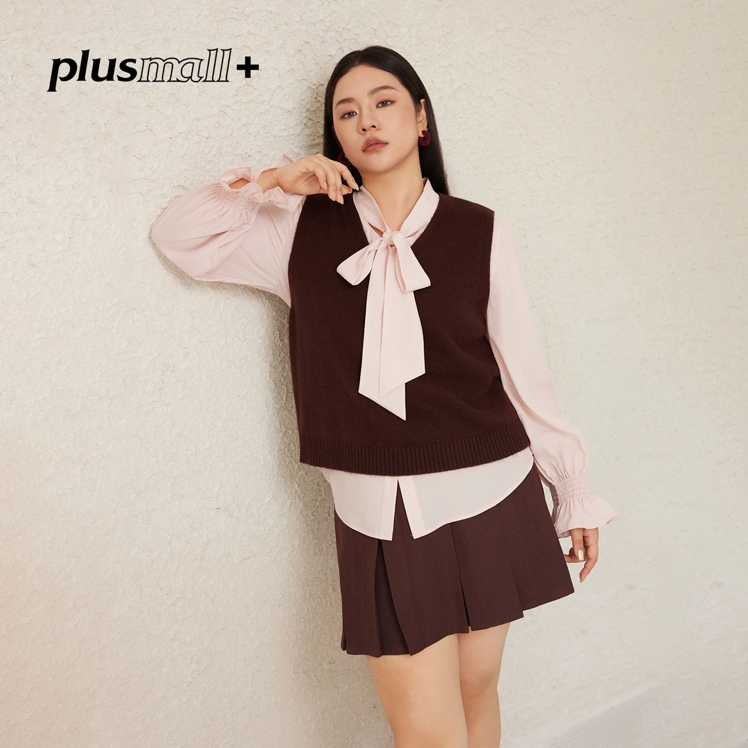 PLUSMALL 杏桃泡泡 学院风衬衫V领马甲叠搭毛衫套装PM2509082