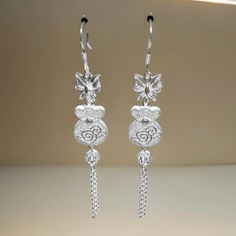 足银耳饰 黔韵银绣足银花丝长款福袋耳坠耳环耳钩防过敏气质国风