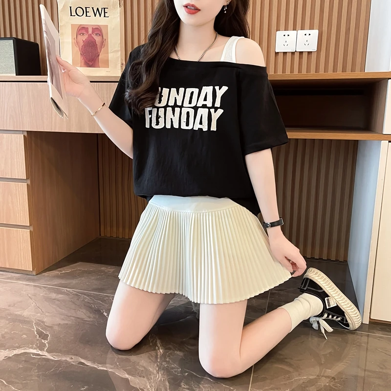 韩系撞色字母印花纯棉短袖T恤女夏季小众设计感宽松露肩吊带上衣