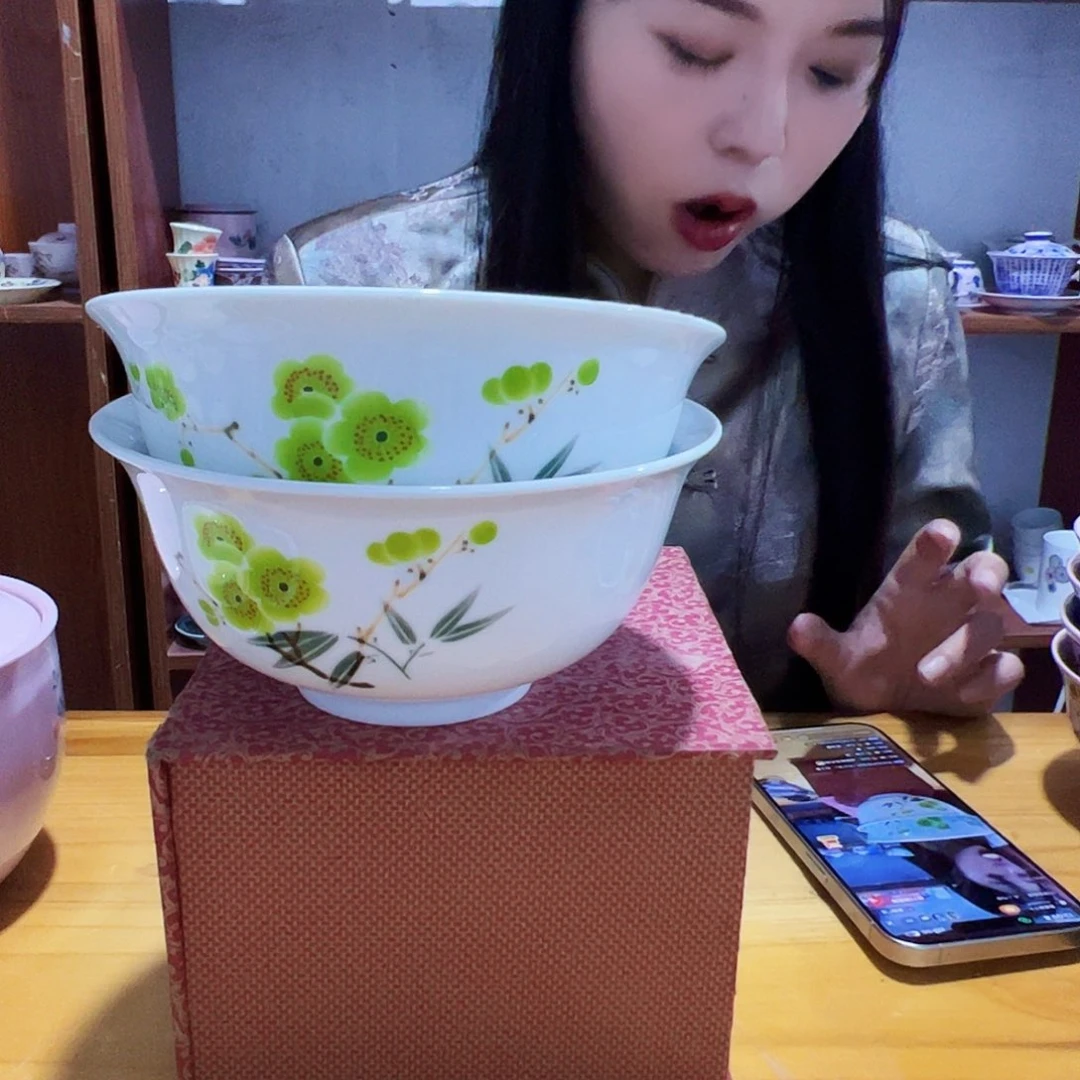 摆件景德镇翠竹绿梅6寸窝2个
