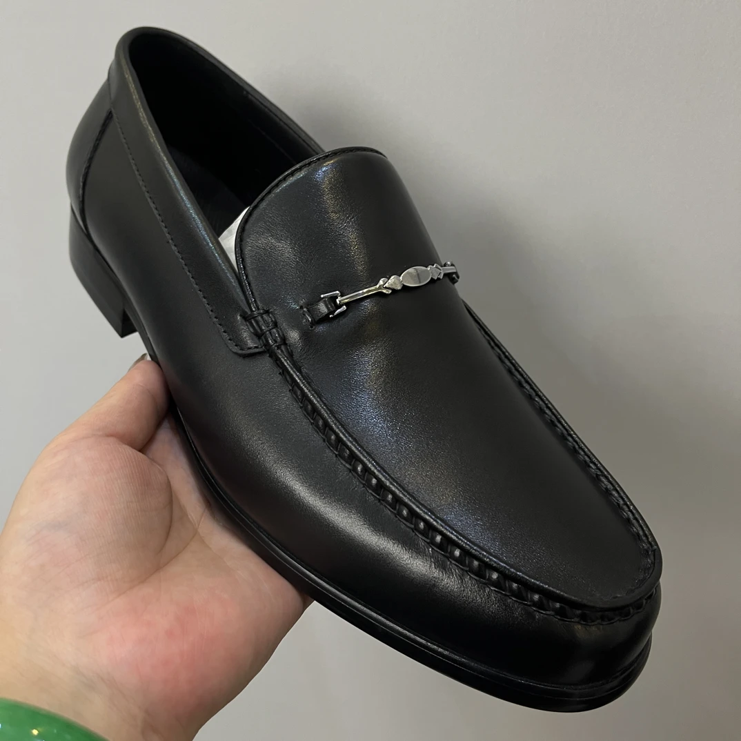 头层牛皮真皮专柜同款男款一脚蹬商务皮鞋豆豆鞋马衔扣男士黑色