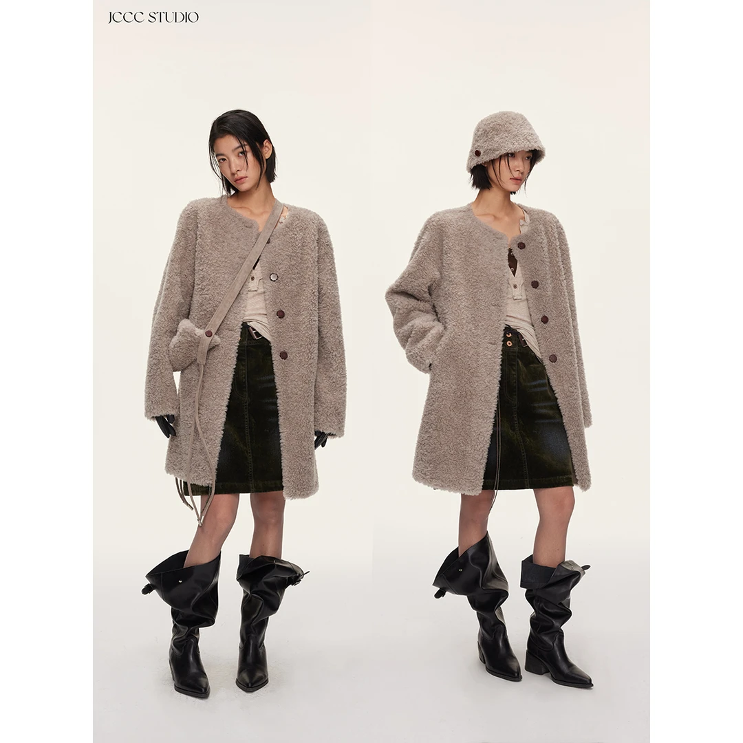 JCCC影子【黑标/塑造】灰驼色100%绵羊毛短款皮毛一体外套JE5PCW12