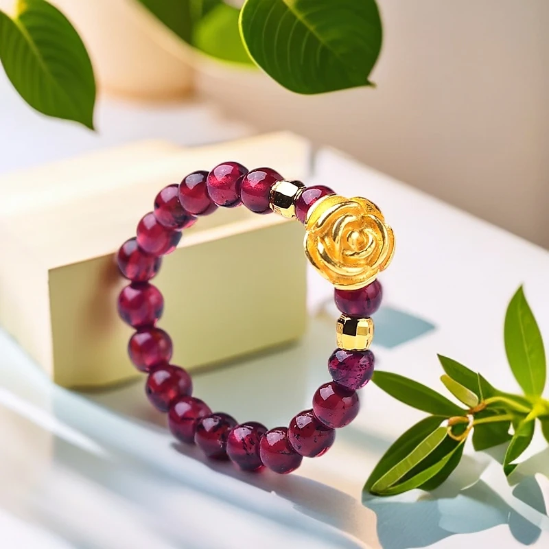 【黄金补贴】足金玫瑰花搭配天然石榴石女士戒指（证书、礼盒）