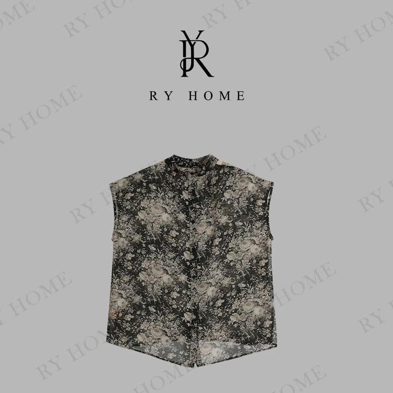 【容雨RYHOME】碎花宽松无袖乔其纱立领衬衫252C1488