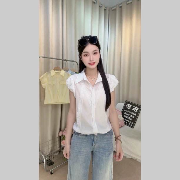 【东东】夏季新款花苞袖设计感收腰显瘦衬衫
